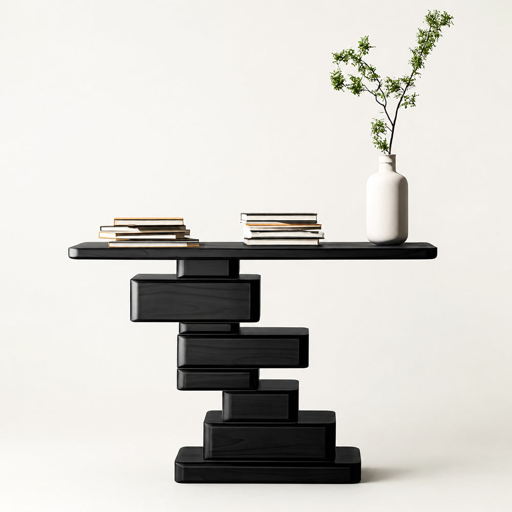 Loren Geometric Stacked Black Wood Console Table