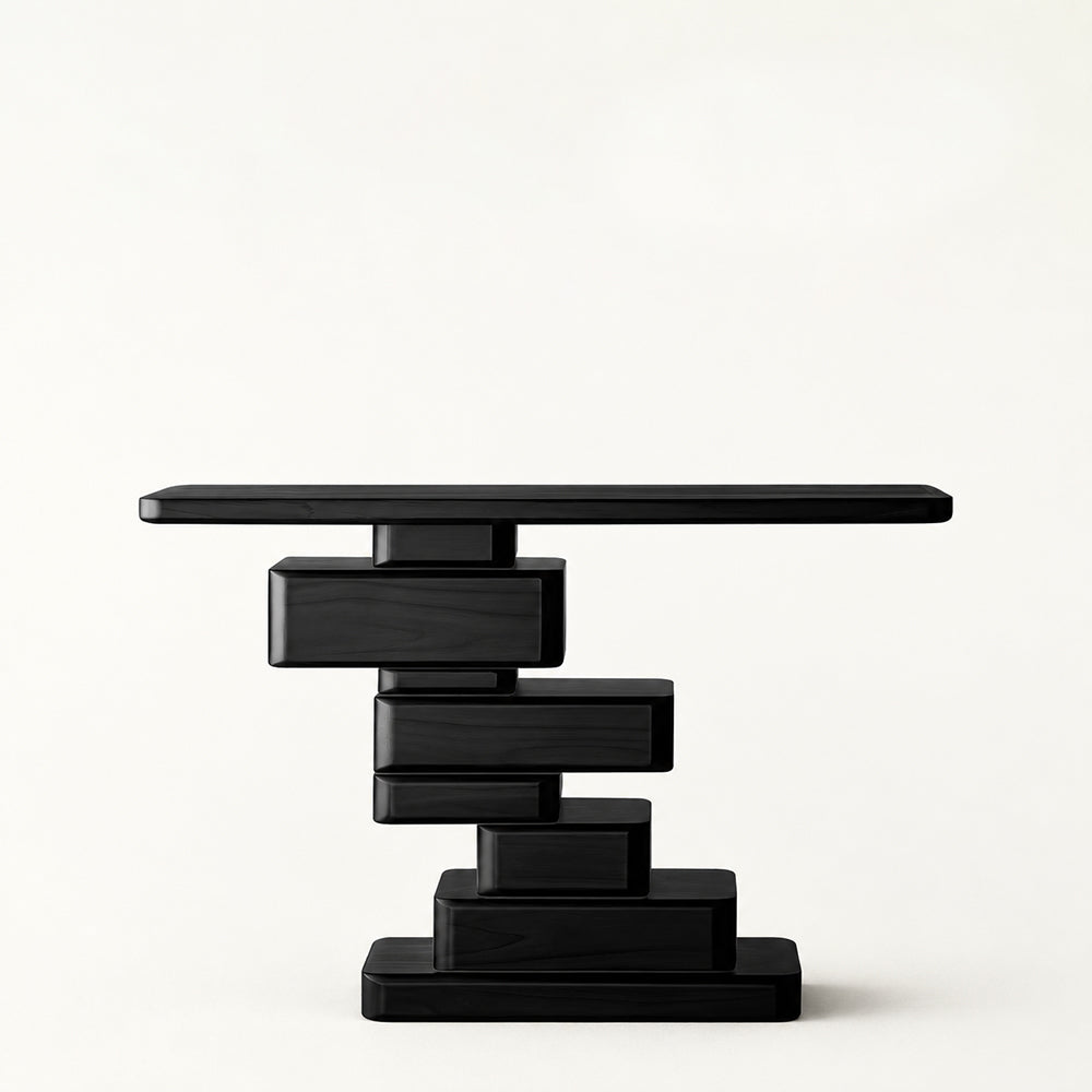 Loren Geometric Stacked Black Wood Console Table