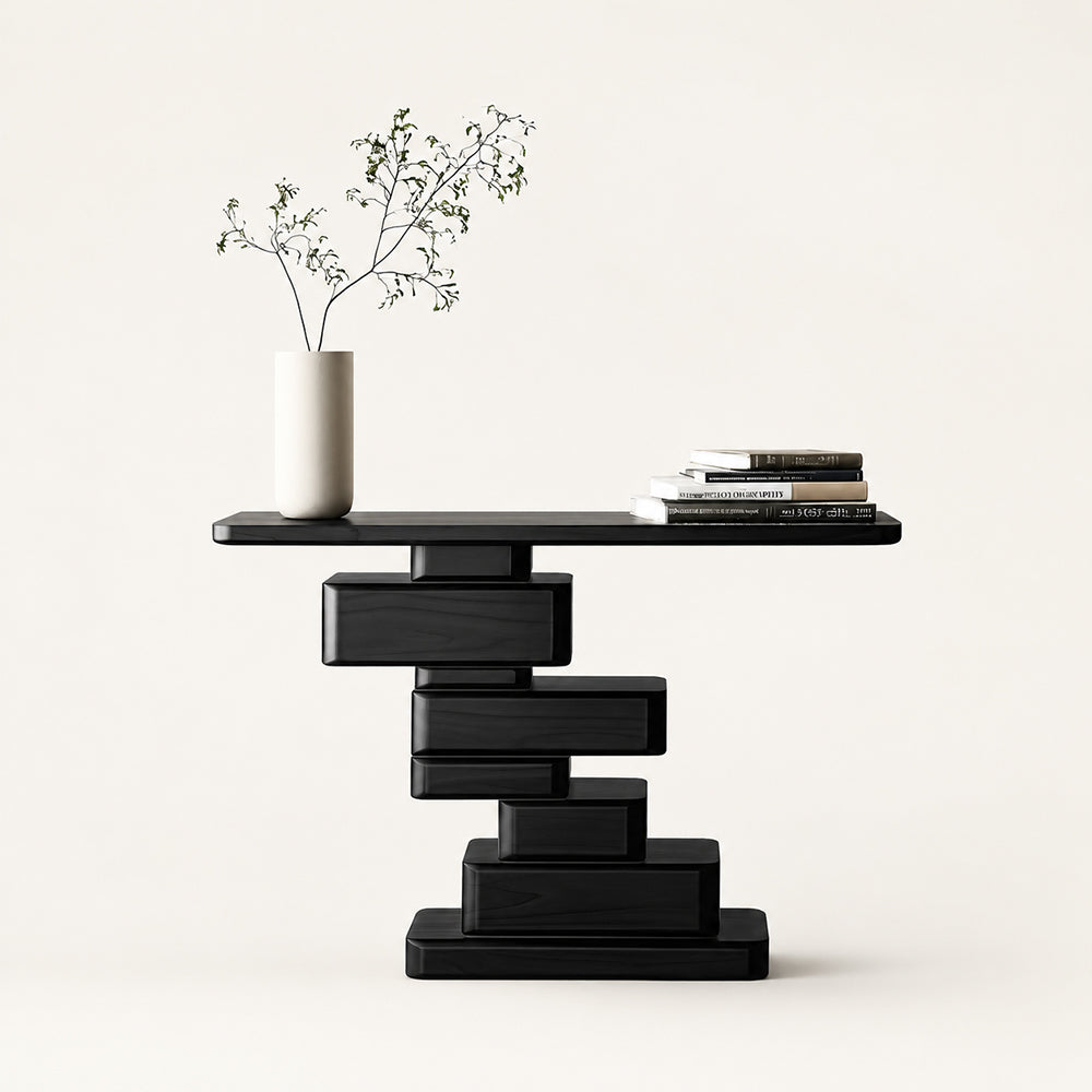 Loren Geometric Stacked Black Wood Console Table