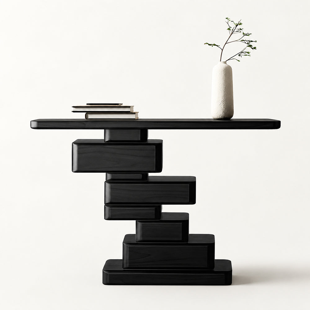 Loren Geometric Stacked Black Wood Console Table