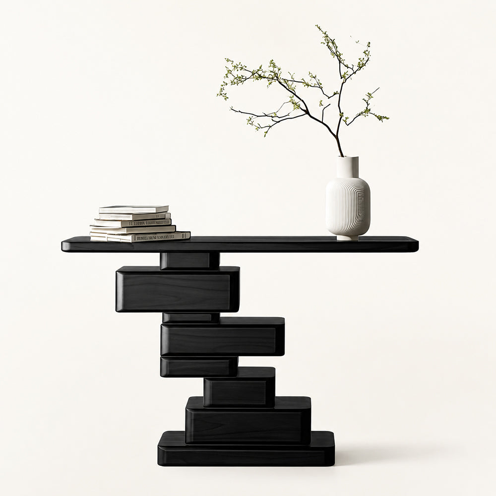 Loren Geometric Stacked Black Wood Console Table