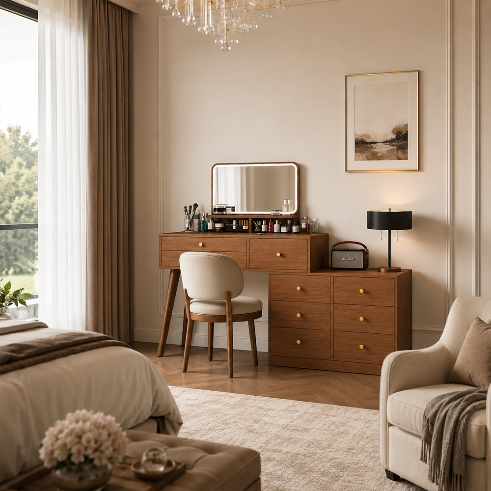 Veyra Mid-Century Walnut Vanity Dresser