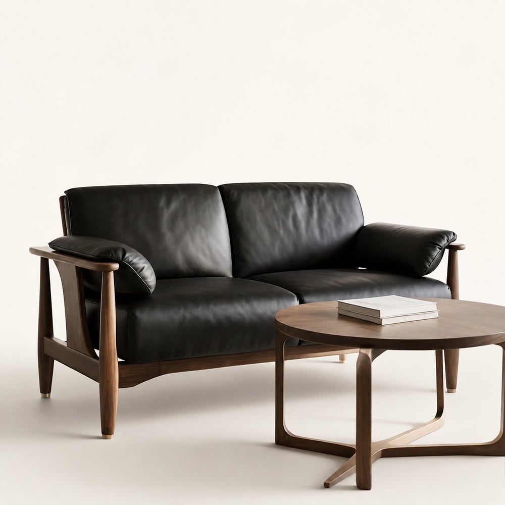 Rovelle Mid-Century Walnut & Black Leather sofa