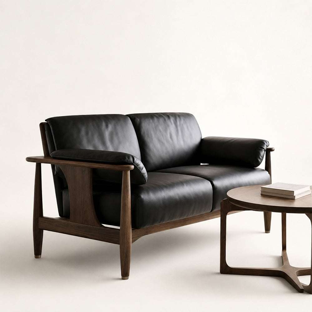 Rovelle Mid-Century Walnut & Black Leather sofa