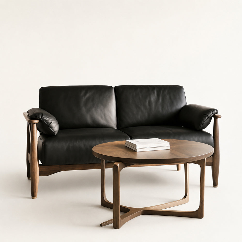 Rovelle Mid-Century Walnut & Black Leather sofa