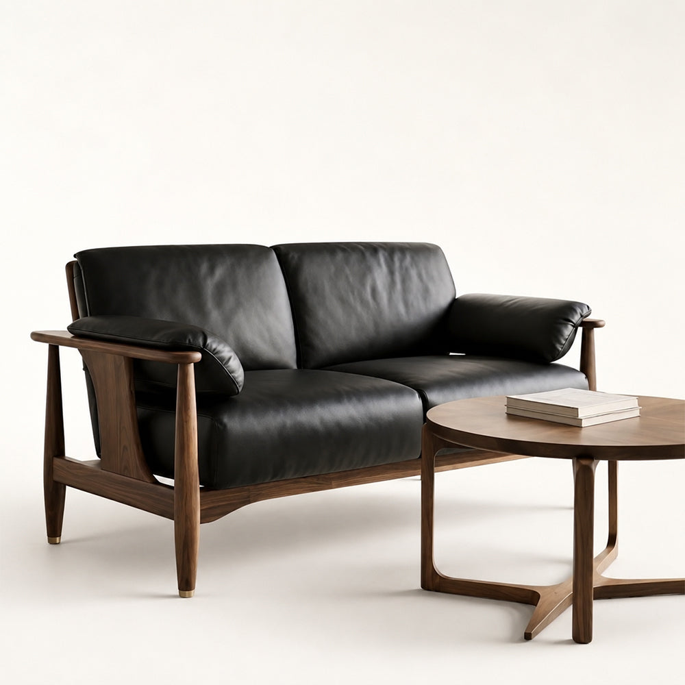Rovelle Mid-Century Walnut & Black Leather sofa