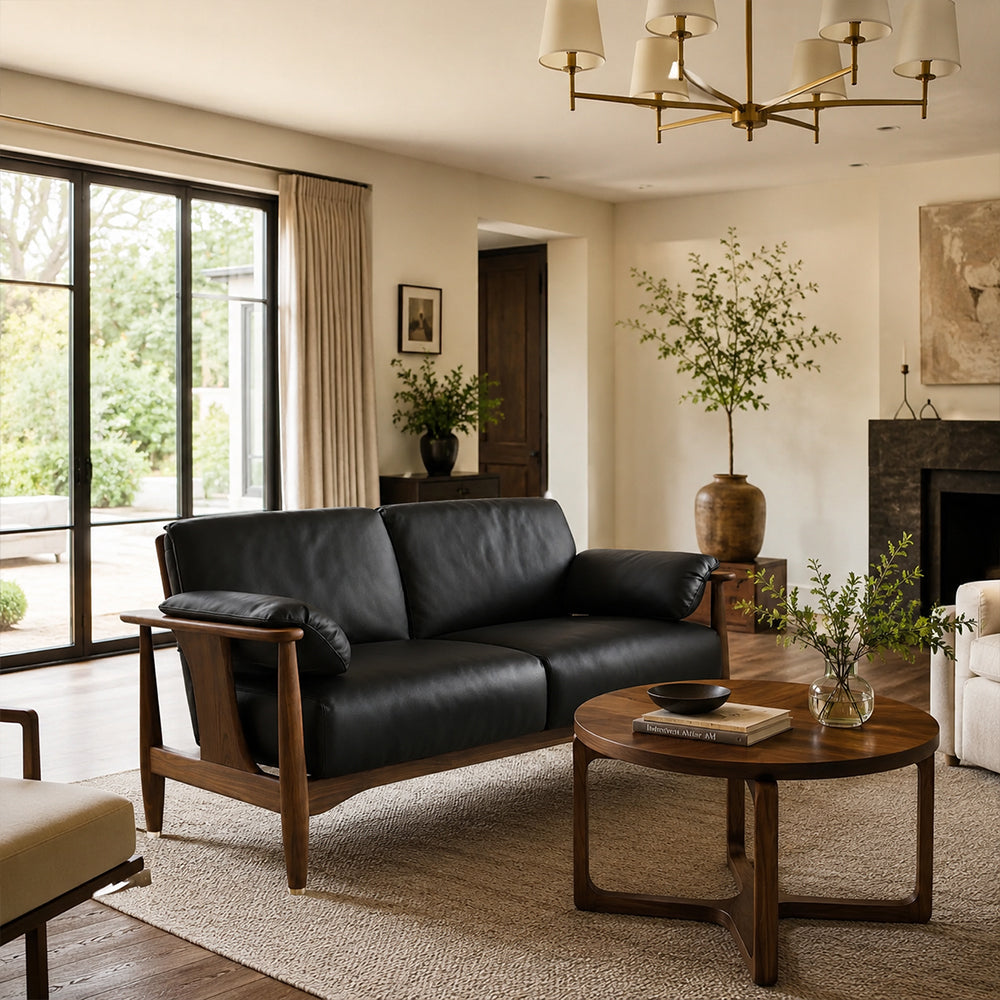 Rovelle Mid-Century Walnut & Black Leather sofa
