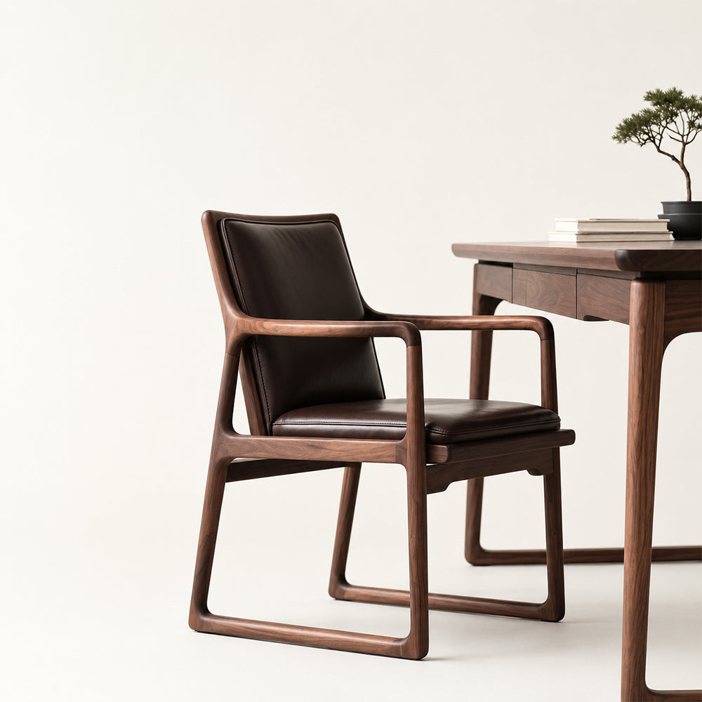 Elowen Mid-Century Walnut & Leather Arm Desk Chair
