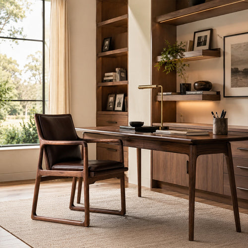 Elowen Mid-Century Walnut & Leather Arm Desk Chair
