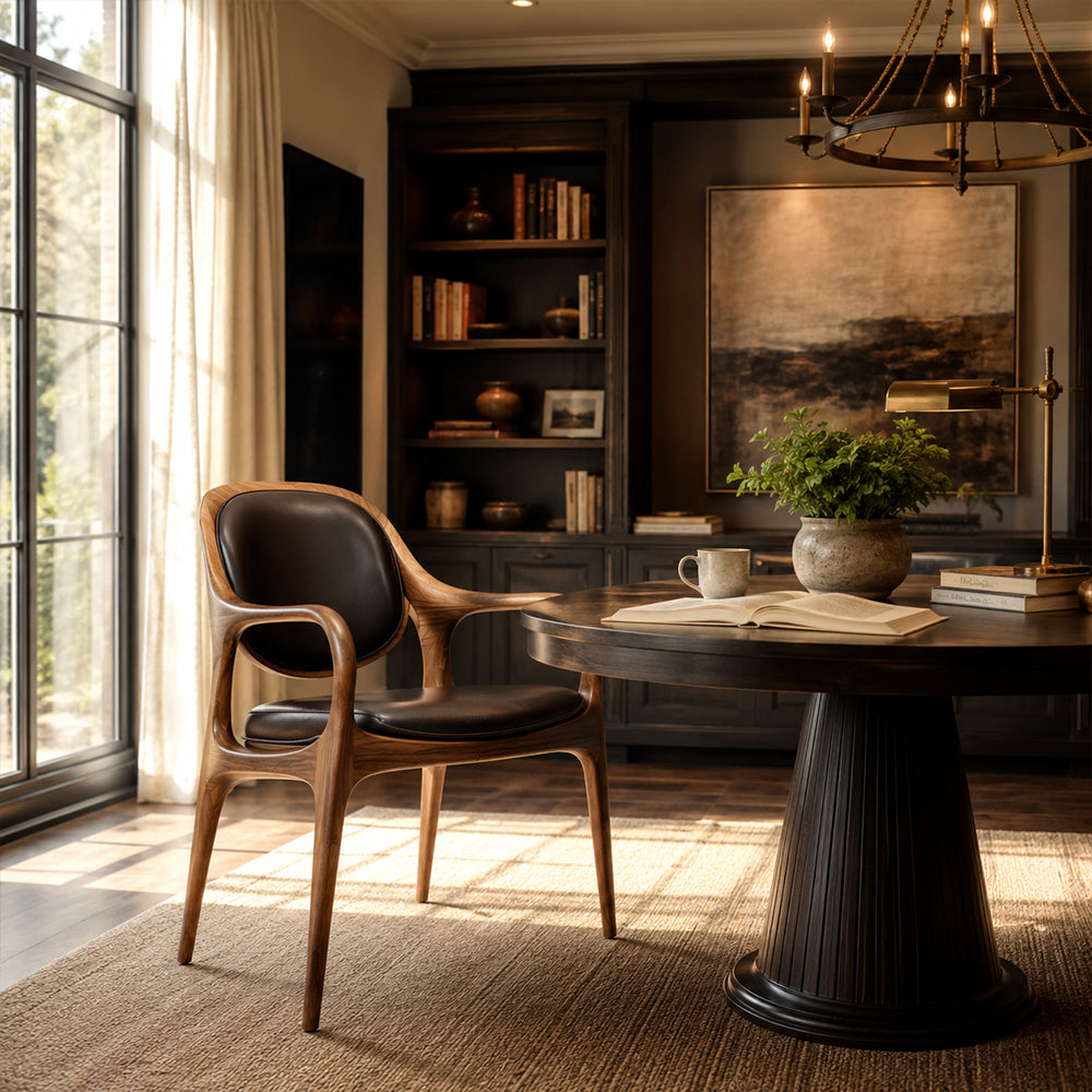Elowen Organic Modern Walnut & Leather Dining Arm Chair
