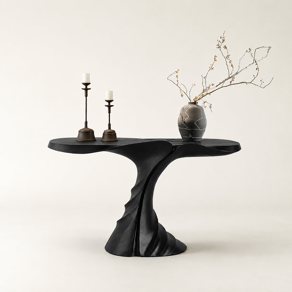 Loren Sculptural Twisted Black Wood Console Table