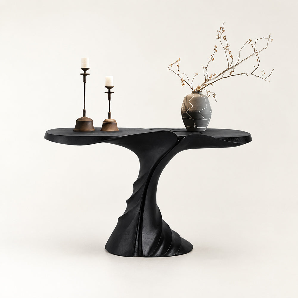 Loren Sculptural Twisted Black Wood Console Table