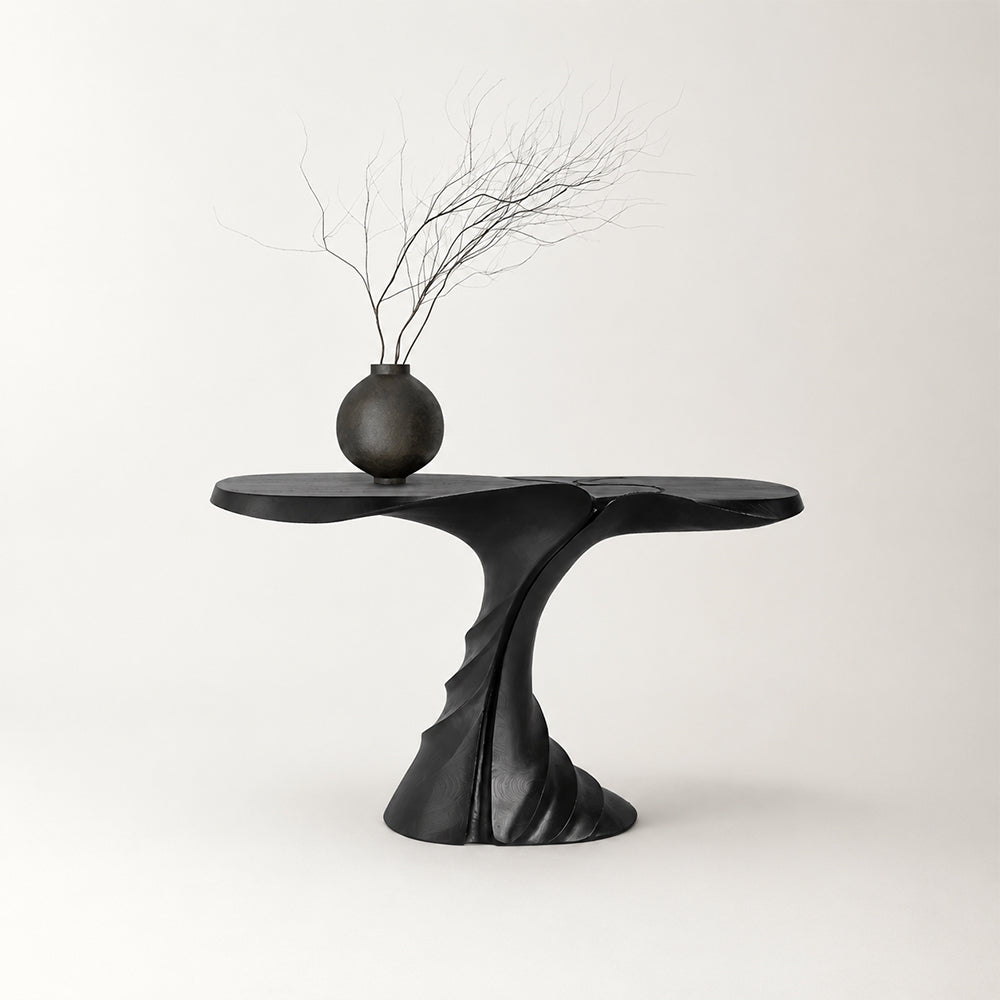 Loren Sculptural Twisted Black Wood Console Table