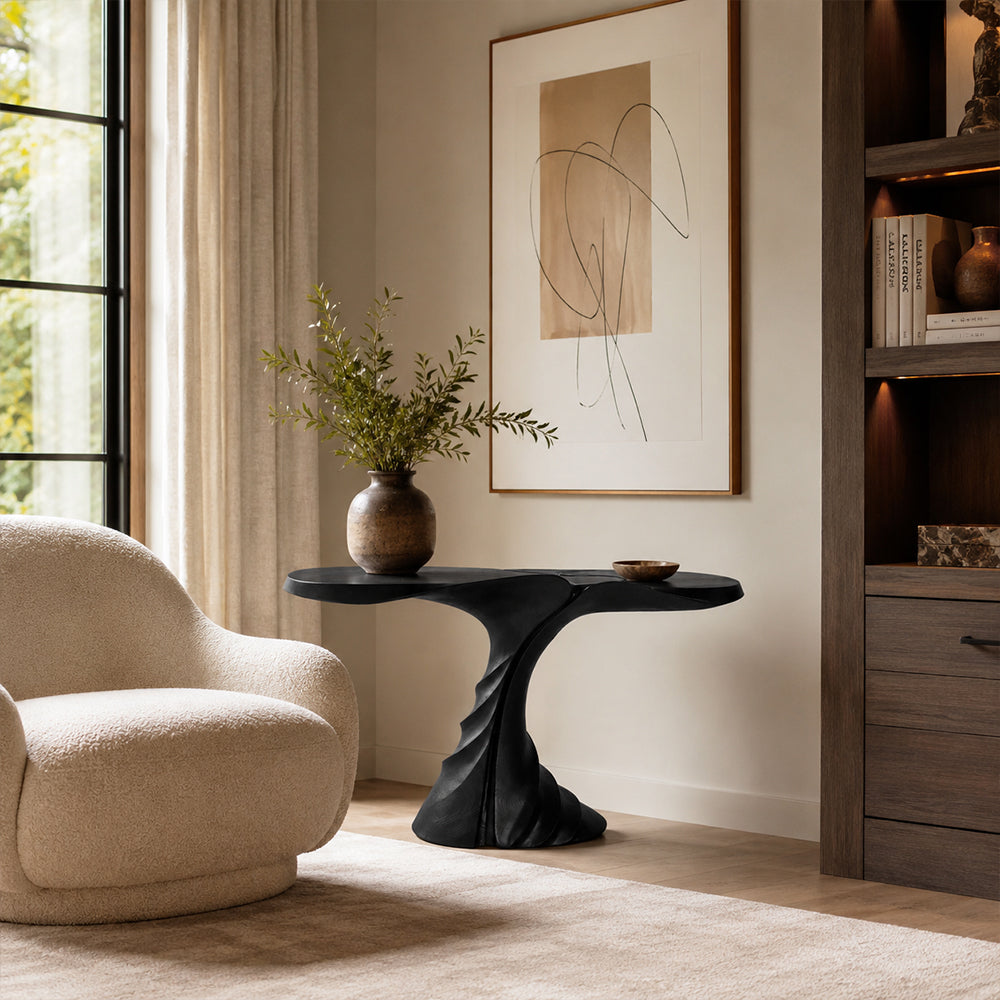 Loren Sculptural Twisted Black Wood Console Table