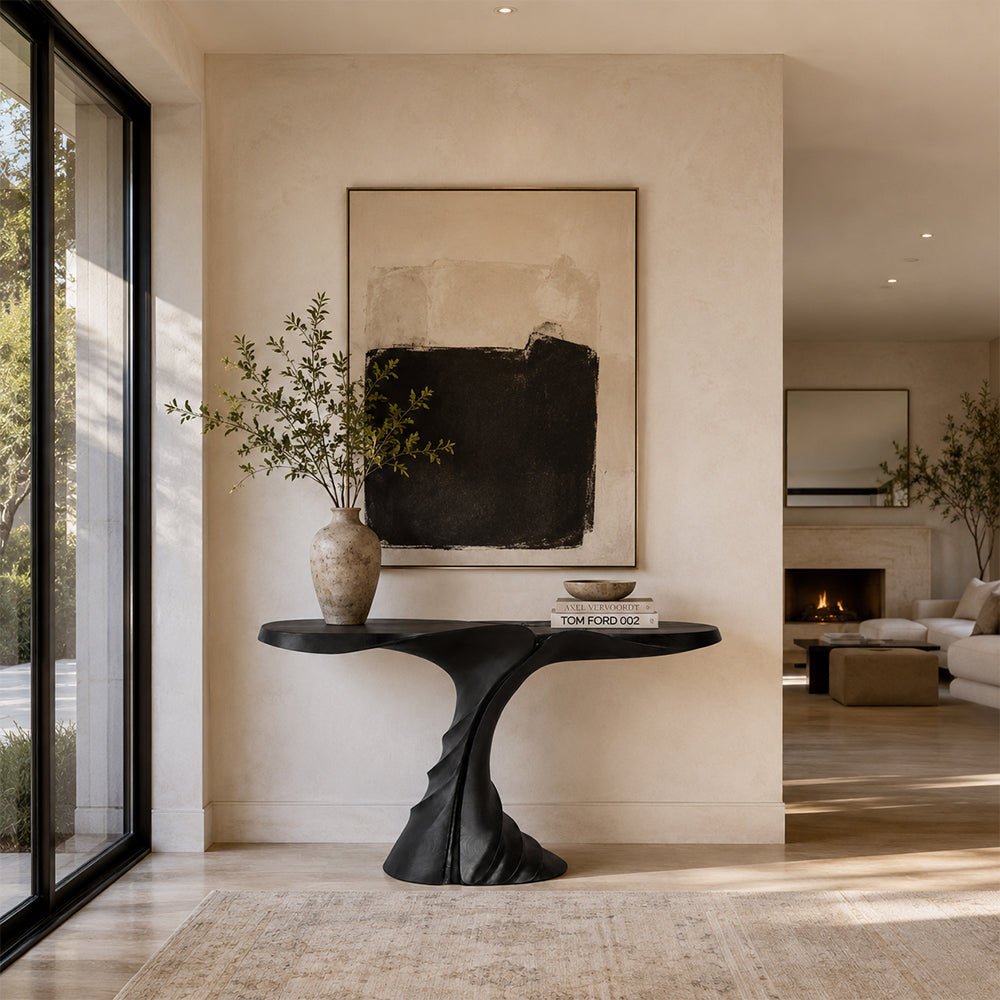 Loren Sculptural Twisted Black Wood Console Table