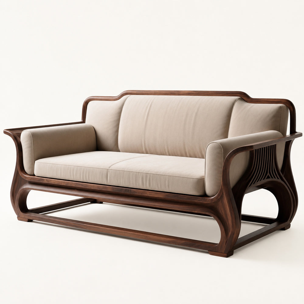 Rovelle Sculptural Walnut & Beige Linen sofa