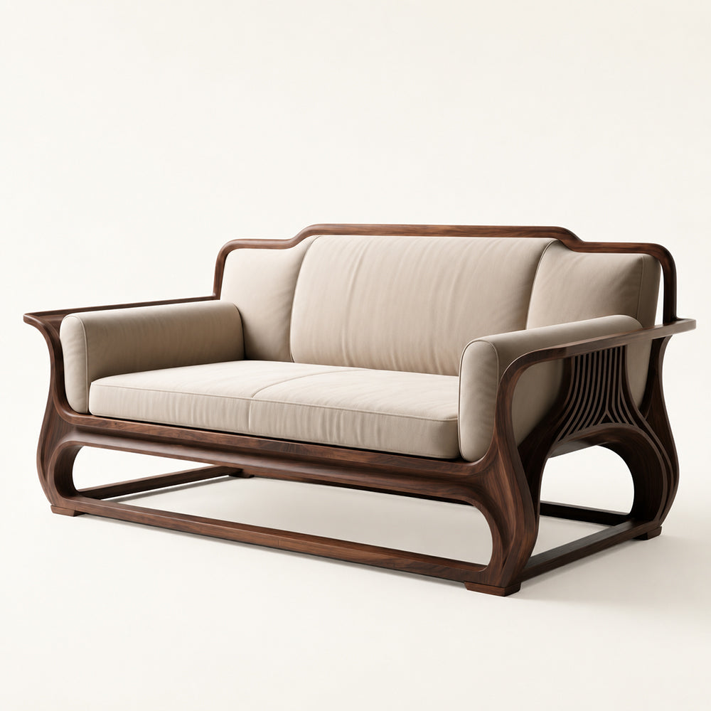 Rovelle Sculptural Walnut & Beige Linen sofa