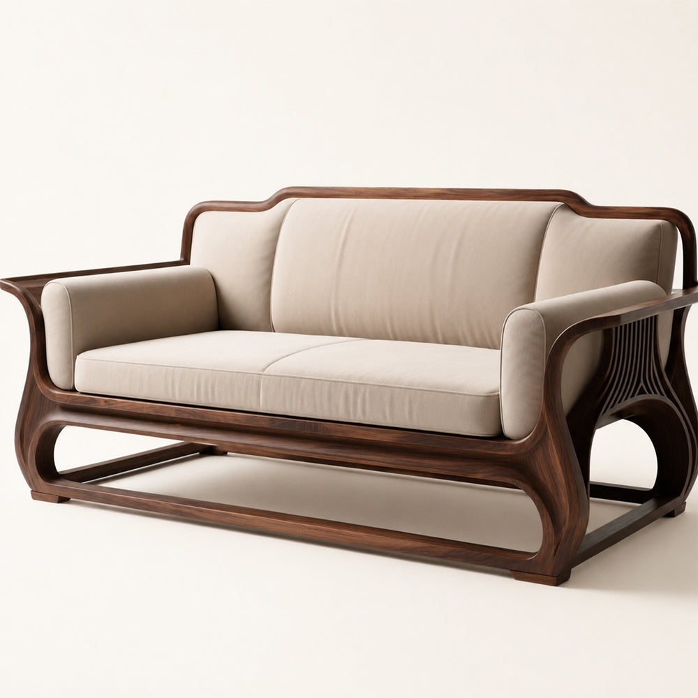 Rovelle Sculptural Walnut & Beige Linen sofa