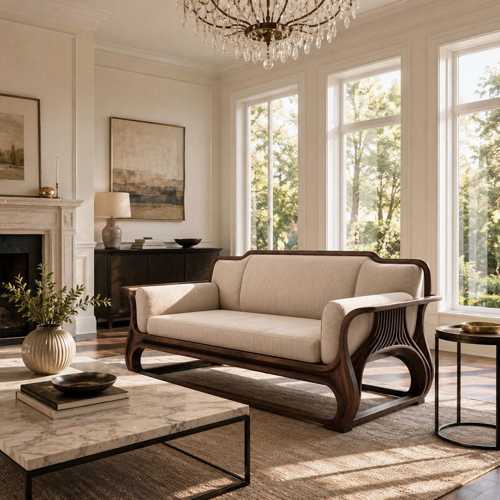 Rovelle Sculptural Walnut & Beige Linen sofa