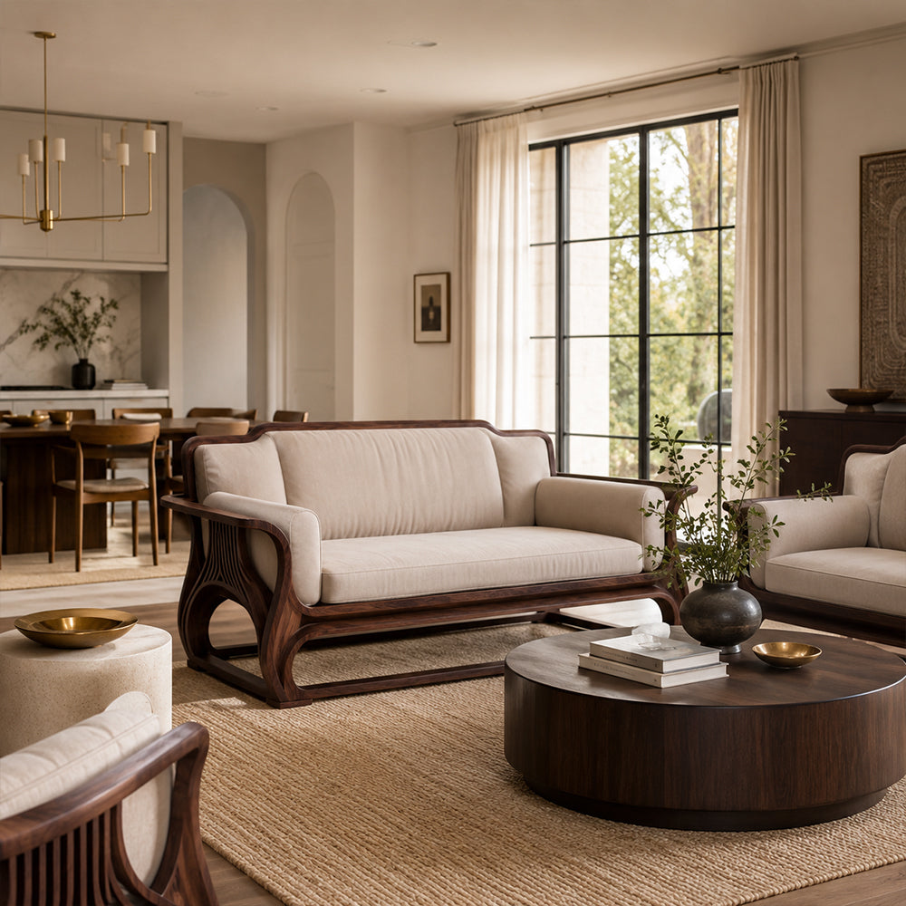 Rovelle Sculptural Walnut & Beige Linen sofa