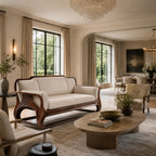 Rovelle Sculptural Walnut & Beige Linen sofa