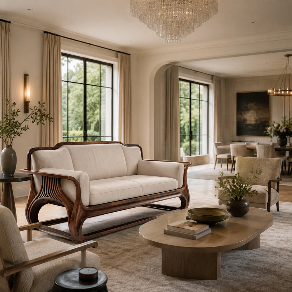 Rovelle Sculptural Walnut & Beige Linen sofa