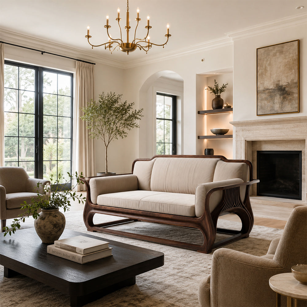 Rovelle Sculptural Walnut & Beige Linen sofa