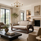 Rovelle Sculptural Walnut & Beige Linen sofa