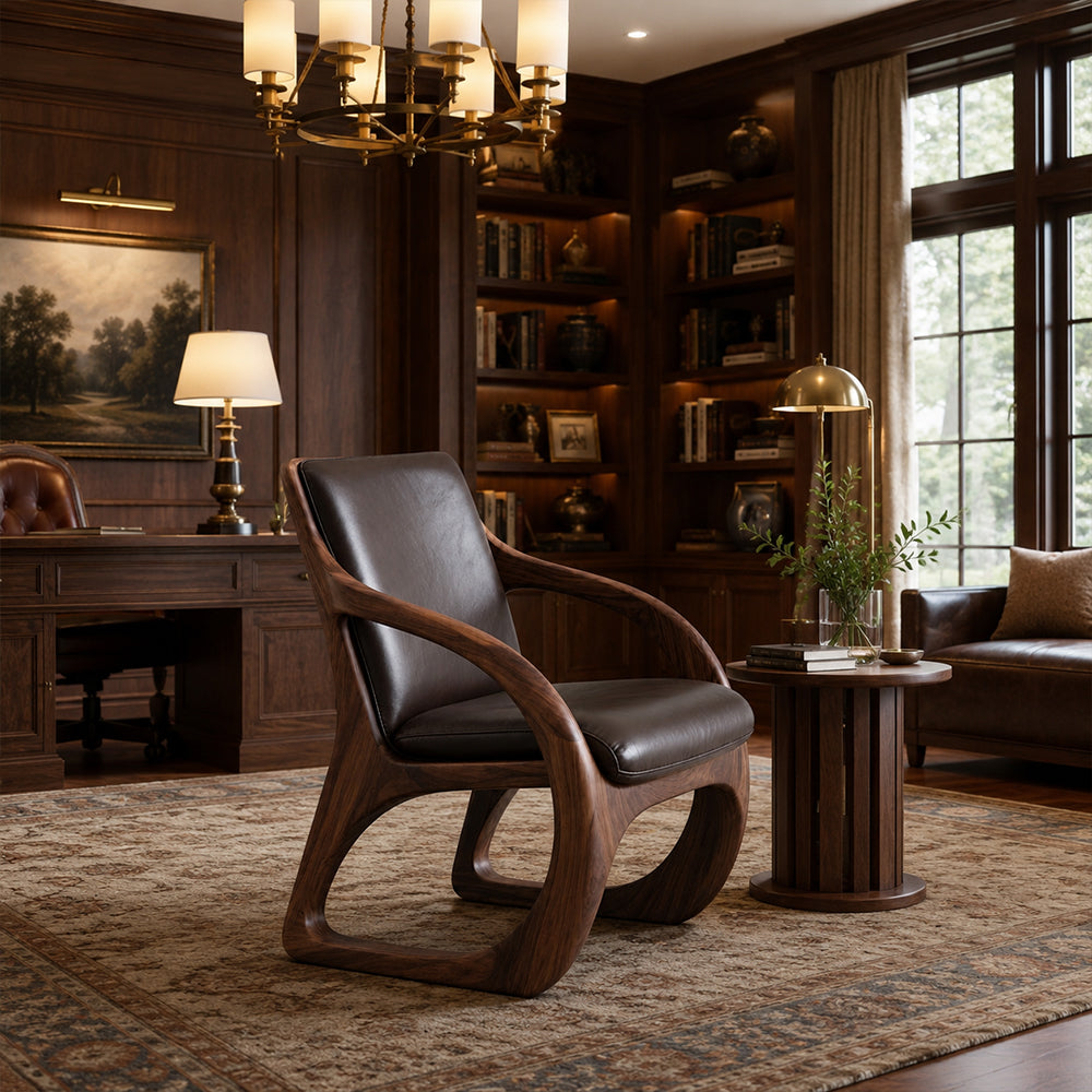 Elowen Sculptural Walnut & Leather Accent Chair