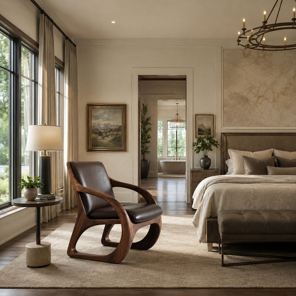 Elowen Sculptural Walnut & Leather Accent Chair