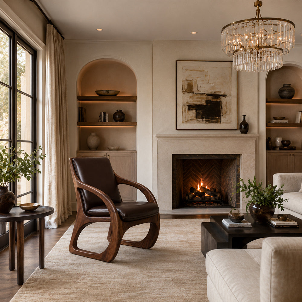 Elowen Sculptural Walnut & Leather Accent Chair