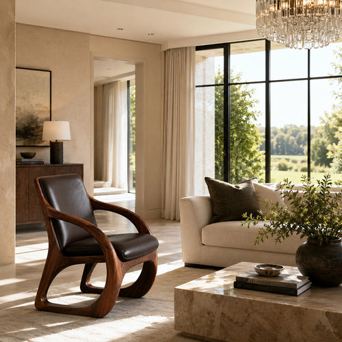 Elowen Sculptural Walnut & Leather Accent Chair